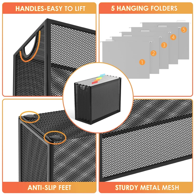 axisgo - Sinboun Hängemappen Organizer Briefgröße Aktenhalter Aktenbox inklusive 5 Hängemappen – Metallnetz Magazin Buch Aufbewahrungsschränke Aktenwagen für Büro Zuhause Schule, keine Montage erforderlich