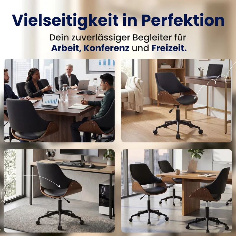 Bürostuhl SONTO, Walnuss-Holz, Leder schwarz