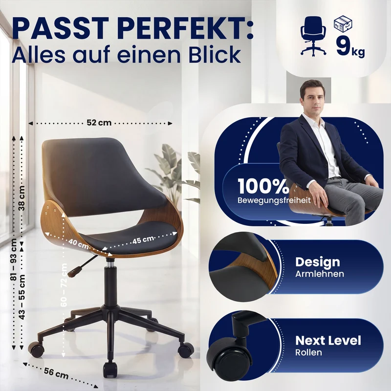 Bürostuhl SONTO, Walnuss-Holz, Leder schwarz