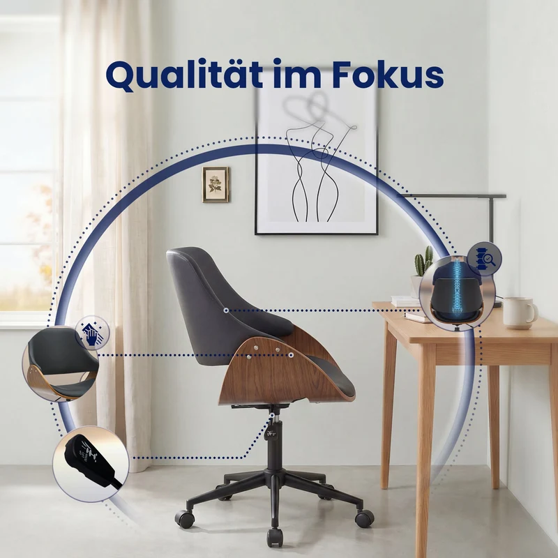 Bürostuhl SONTO, Walnuss-Holz, Leder schwarz