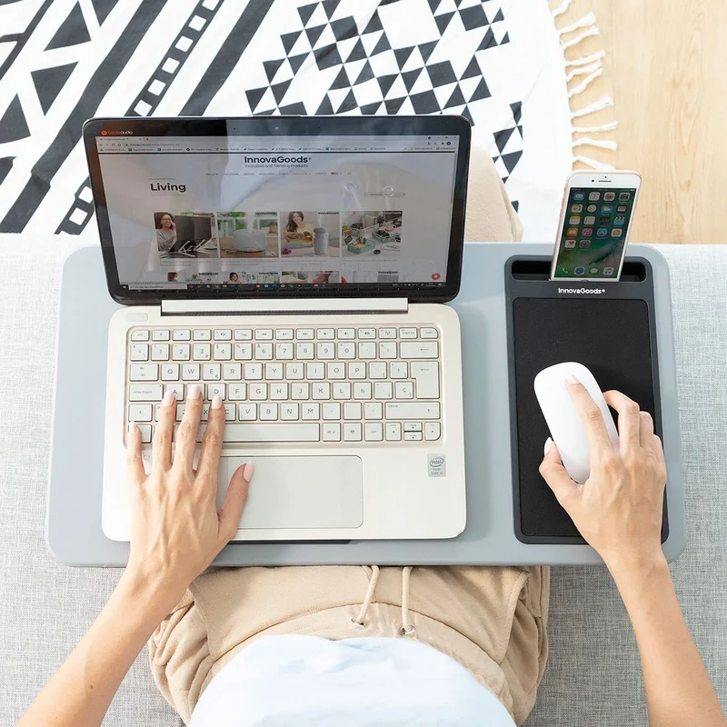 axisgo - InnovaGoods® Laptop-Schreibtisch mit XL-Sitzkissen Deskion, bequemes und ergonomisches Arbeiten oder Studieren mit Schreibtisch- und XL-Sitzkissendesign, ideal für Zuhause und Büro.