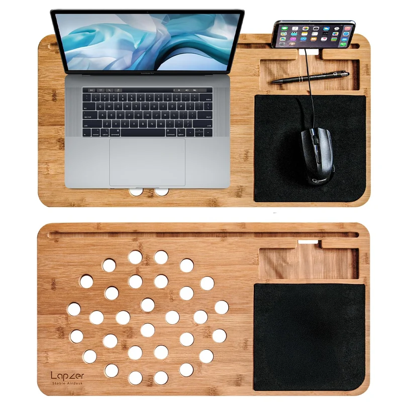 axisgo - mikamax - Lapzer Laptop Schreibtisch - Bambus - Luftlöcher - Betttisch - Laptoptisch - Knietablett - Schoßtablett - 59 x 31 x 2 cm