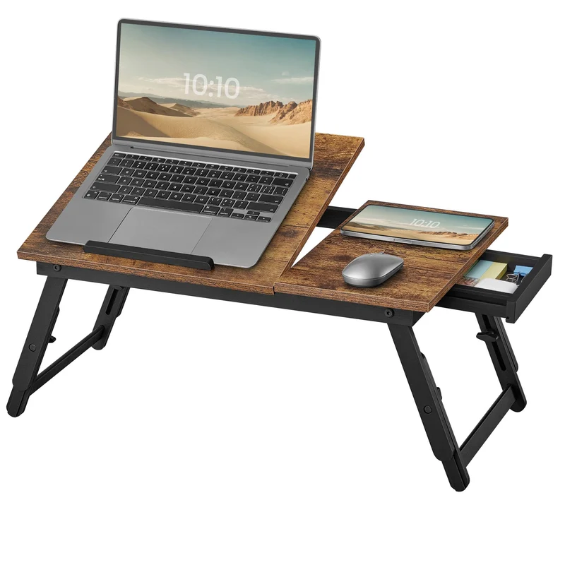 axisgo - SONGMICS Laptoptisch für Bett, Laptopständer, Winkel- und höhenverstellbar, klappbare Beine, für Laptops bis 15,6 Zoll, Arbeiten, Lesen, Frühstücken, Bambusbeine, Schublade, vintagebraun LLD105B01