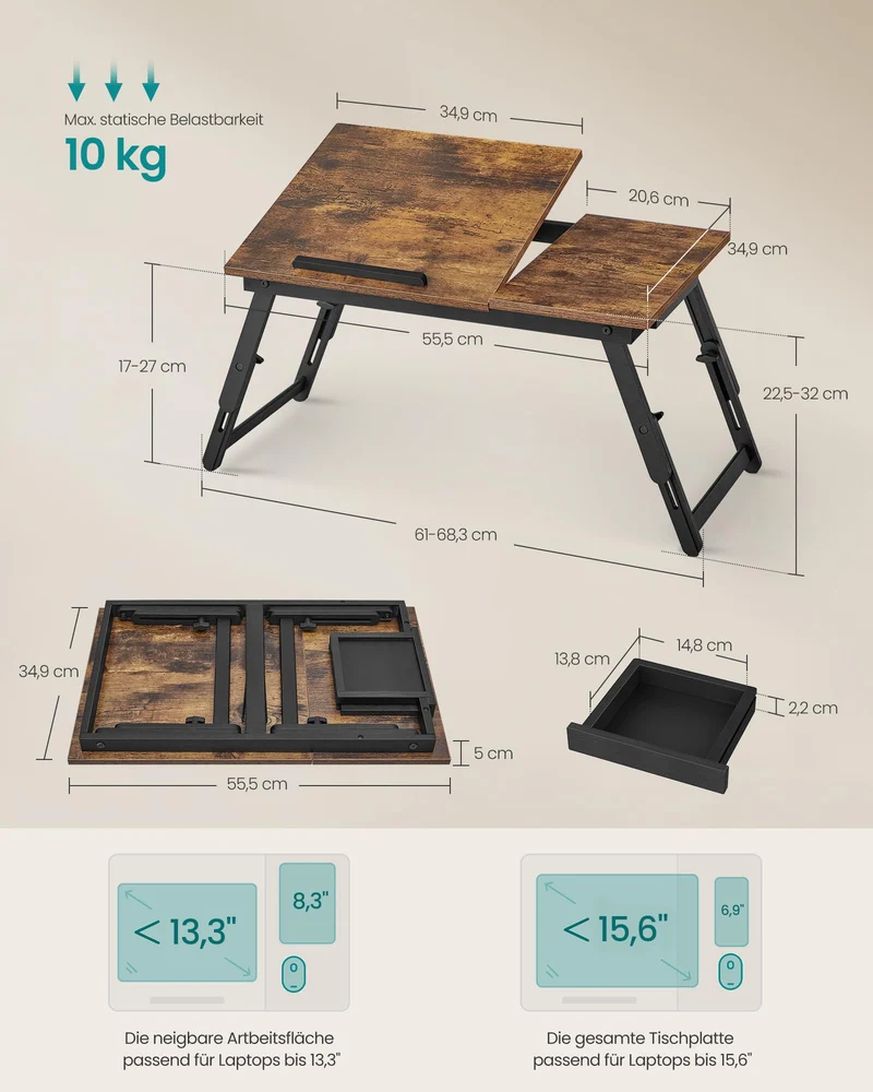axisgo - SONGMICS Laptoptisch für Bett, Laptopständer, Winkel- und höhenverstellbar, klappbare Beine, für Laptops bis 15,6 Zoll, Arbeiten, Lesen, Frühstücken, Bambusbeine, Schublade, vintagebraun LLD105B01