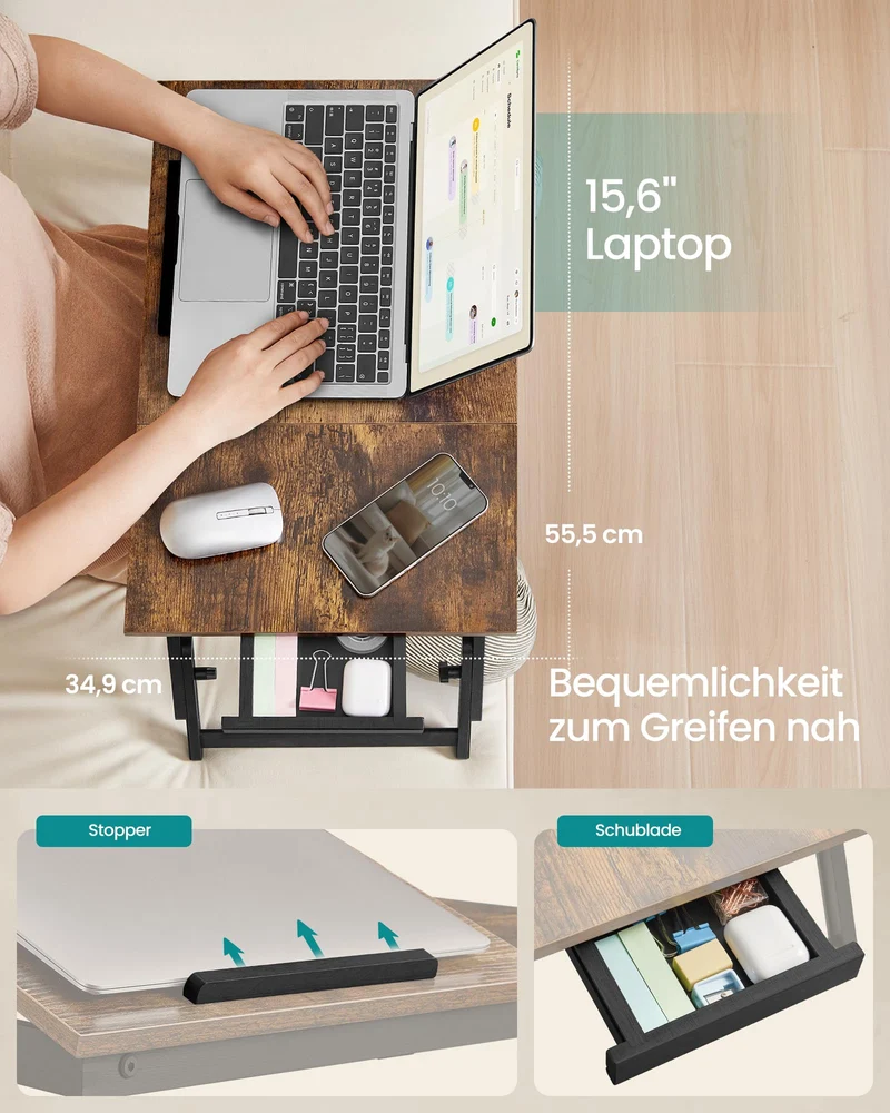 axisgo - SONGMICS Laptoptisch für Bett, Laptopständer, Winkel- und höhenverstellbar, klappbare Beine, für Laptops bis 15,6 Zoll, Arbeiten, Lesen, Frühstücken, Bambusbeine, Schublade, vintagebraun LLD105B01