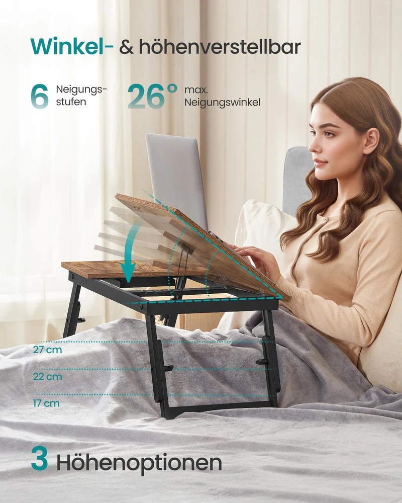 axisgo - SONGMICS Laptoptisch für Bett, Laptopständer, Winkel- und höhenverstellbar, klappbare Beine, für Laptops bis 15,6 Zoll, Arbeiten, Lesen, Frühstücken, Bambusbeine, Schublade, vintagebraun LLD105B01