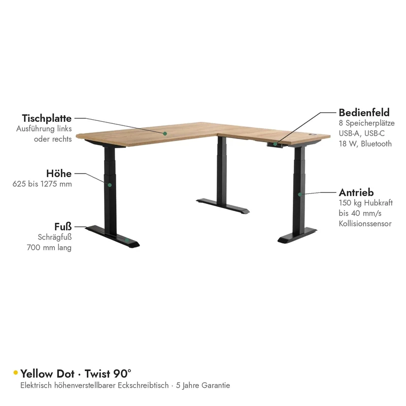 Yellow Dot · Twist 90° – Eckschreibtisch elektrisch höhenverstellbar