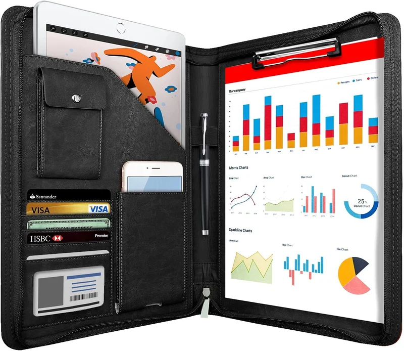 axisgo - NEWYES NY-A403-BL-EU Konferenzmappe aus Leder, mit Reißverschluss, A4, Reisedokumentenmappe, Portfolio-Reisetasche, persönlicher Agenda-Organizer, 33,5 cm x 25 cm x 3,5 cm, Schwarz-Weiß