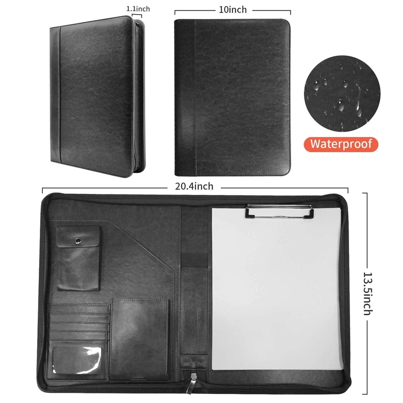 axisgo - NEWYES NY-A403-BL-EU Konferenzmappe aus Leder, mit Reißverschluss, A4, Reisedokumentenmappe, Portfolio-Reisetasche, persönlicher Agenda-Organizer, 33,5 cm x 25 cm x 3,5 cm, Schwarz-Weiß