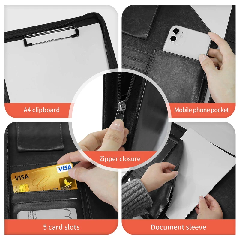 axisgo - NEWYES NY-A403-BL-EU Konferenzmappe aus Leder, mit Reißverschluss, A4, Reisedokumentenmappe, Portfolio-Reisetasche, persönlicher Agenda-Organizer, 33,5 cm x 25 cm x 3,5 cm, Schwarz-Weiß