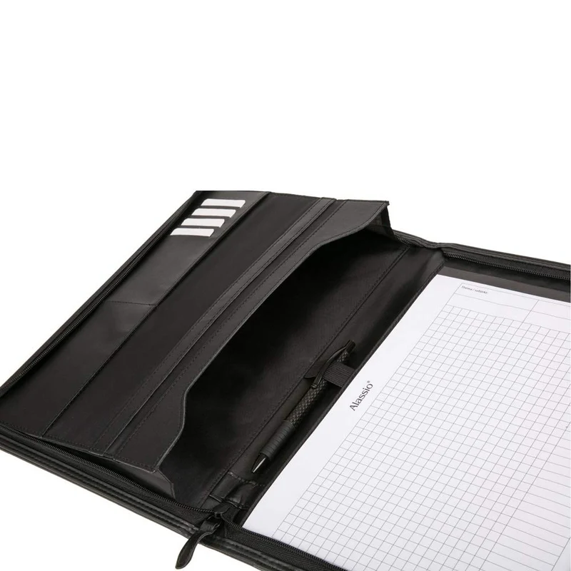 axisgo - Alassio 30067 - Reißverschlussmappe DIN A4 LORENZO, Schreibmappe in schwarz Organisationsmappe ca. 34 x 25 cm, Konferenzmappe mit Block, Einschubfächern, Stiftschlaufe und 4 Visitenkartenfächer