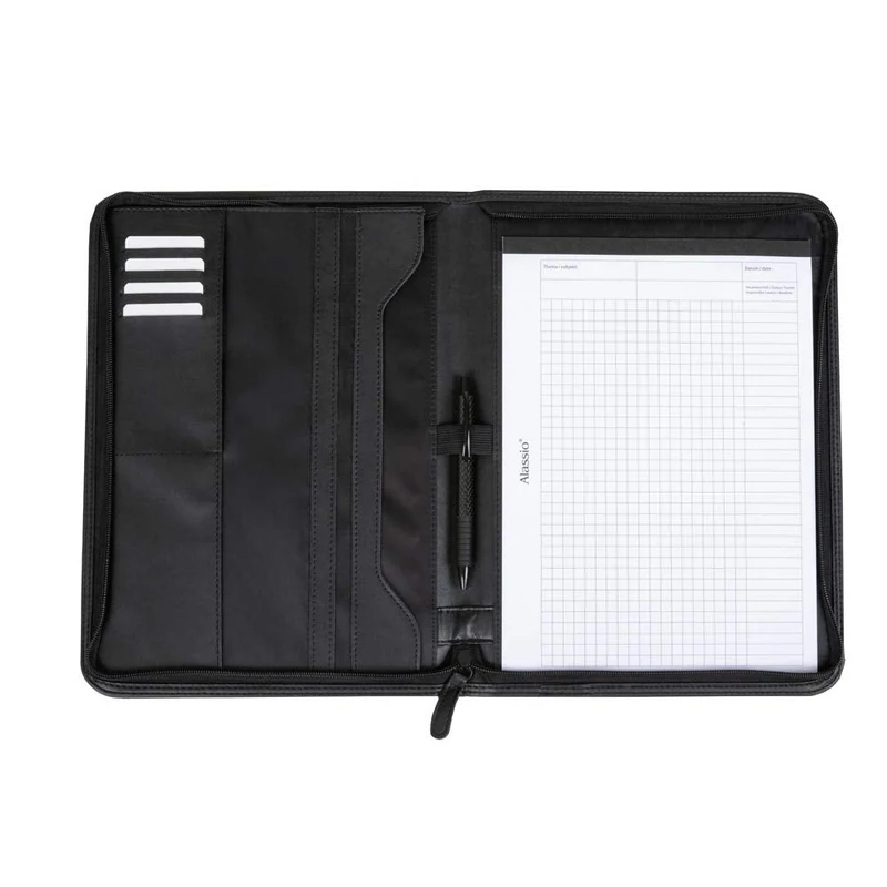 axisgo - Alassio 30067 - Reißverschlussmappe DIN A4 LORENZO, Schreibmappe in schwarz Organisationsmappe ca. 34 x 25 cm, Konferenzmappe mit Block, Einschubfächern, Stiftschlaufe und 4 Visitenkartenfächer
