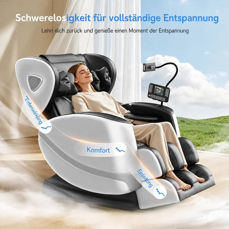 Ganzkörper-Massagesessel "Airport" mit Zero-Gravity-Funktion – Premium Massagesessel mit Heizfunktion, Bluetooth, Touchscreen, Luftdruckmassage & 3D-Fußmassage für Zuhause und Büro
