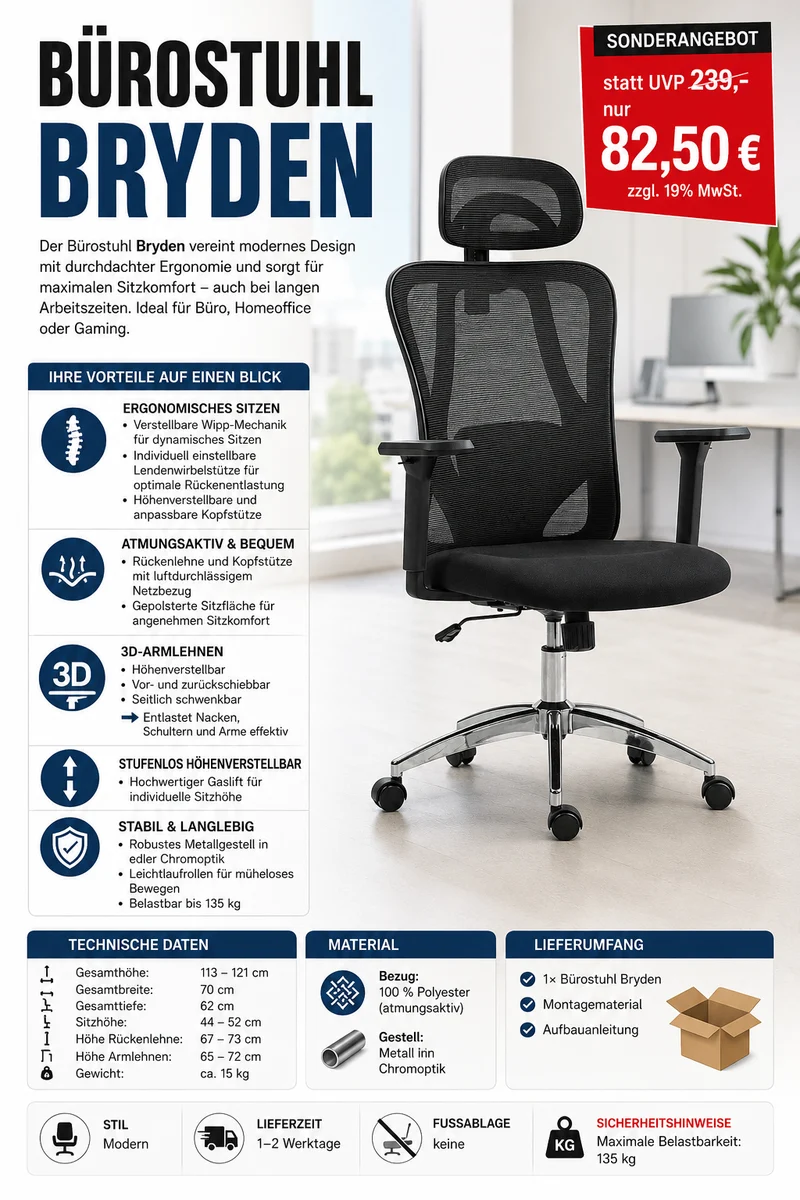 Bürostuhl Bryden – (Sonderposten) Ergonomischer Komfort für lange Arbeitstage