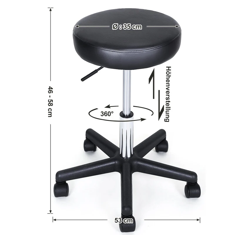 axisgo - SONGMICS Drehhocker auf Rollen, höhenverstellbarer Rollhocker, 46-58 cm, mit Kunstleder bezogener Sitz, Arbeitshocker für Kosmetikstudios, Friseursalons, Büros, Praxen, schwarz LJB61B