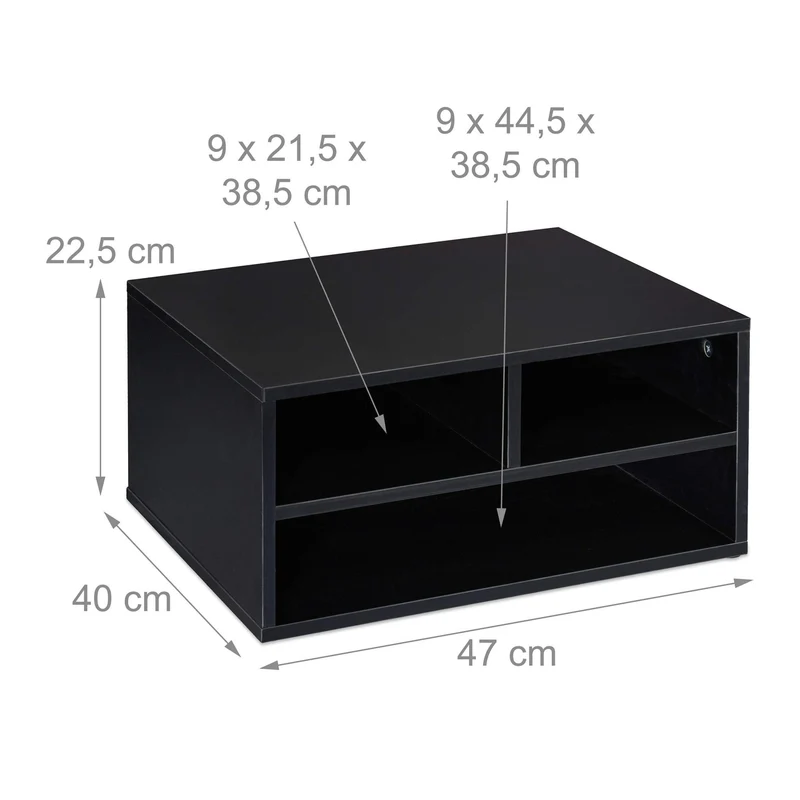 axisgo - Relaxdays Druckerständer Schreibtisch, 3 Fächer, Regal für Drucker, Druckerhalter, H x B x T: 22,5 x 47 x 40 cm, schwarz