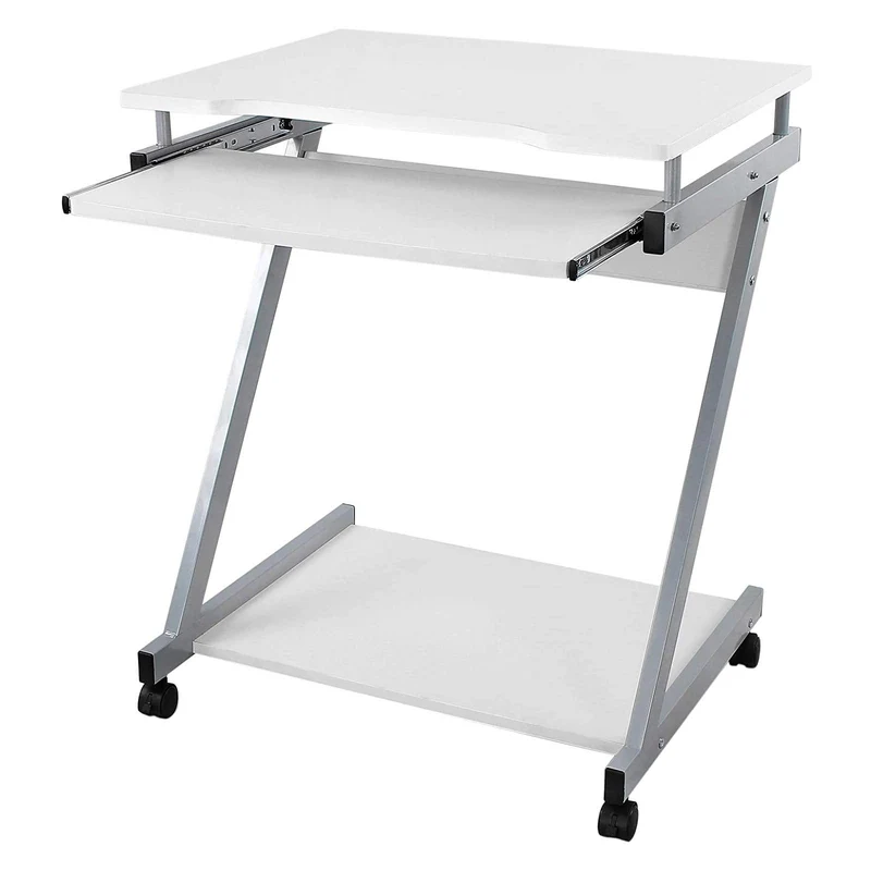 axisgo - VASAGLE Schreibtisch, Computertisch mit 4 Rollen, 2 Davon mit Bremsen, PC-Tisch leichtgängiger Tastaturauszug, erleichterte Montage, platzsparender PC-Tisch in Z-Form, weiß, LCD811W, 60 x 48 x 73 cm
