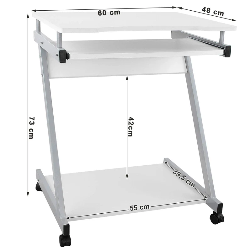 axisgo - VASAGLE Schreibtisch, Computertisch mit 4 Rollen, 2 Davon mit Bremsen, PC-Tisch leichtgängiger Tastaturauszug, erleichterte Montage, platzsparender PC-Tisch in Z-Form, weiß, LCD811W, 60 x 48 x 73 cm