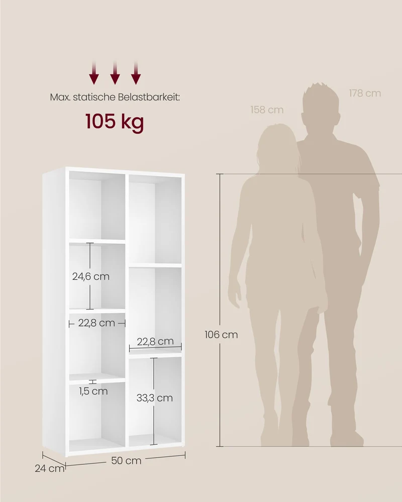 axisgo - VASAGLE Bücherschrank, Bücherregal, mit 7 Fächern, Büroregal, Würfelregal, Standregal, für Wohnzimmer, Schlafzimmer, Büro, Kinderzimmer, weiß LBC27WT