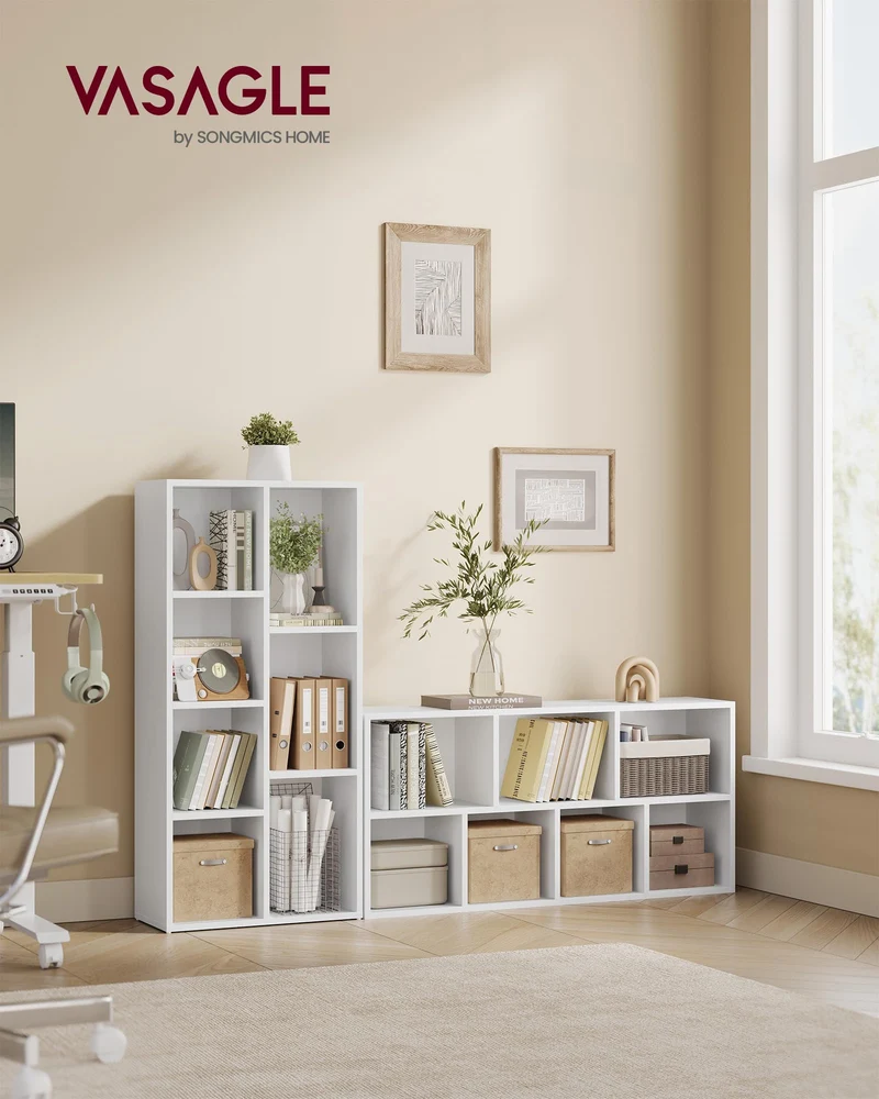 axisgo - VASAGLE Bücherschrank, Bücherregal, mit 7 Fächern, Büroregal, Würfelregal, Standregal, für Wohnzimmer, Schlafzimmer, Büro, Kinderzimmer, weiß LBC27WT