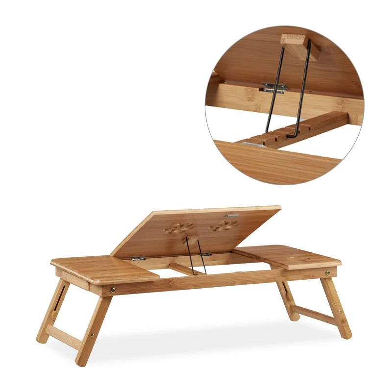 axisgo - Relaxdays Laptoptisch Bambus XL, ideale Belüftung, höhenverstellbar, 5 Neigungswinkel, Lapdesk mit Schubfach, Natur