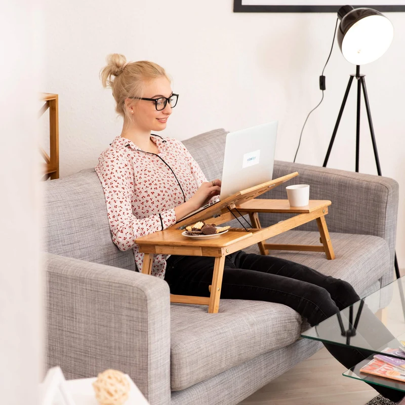 axisgo - Relaxdays Laptoptisch Bambus XL, ideale Belüftung, höhenverstellbar, 5 Neigungswinkel, Lapdesk mit Schubfach, Natur