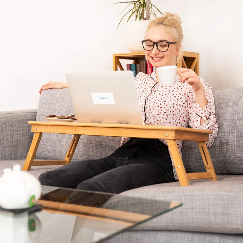 axisgo - Relaxdays Laptoptisch Bambus XL, ideale Belüftung, höhenverstellbar, 5 Neigungswinkel, Lapdesk mit Schubfach, Natur