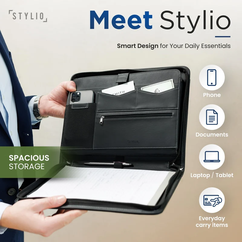 axisgo - STYLIO A4 Reißverschluss Schreibmappe Dokumentenmappe Ordner, Konferenzmappe Interview Dokument Veranstalter. Ipad/Tablet Halterung (10.1 zoll) Mit Schreiben Großem Notizblock, Schwarz Veganes Leder