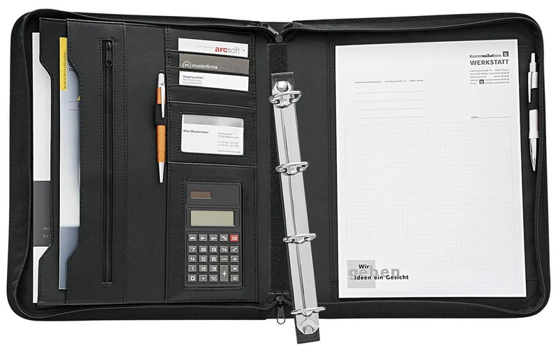 axisgo - WEDO 581101 Collegemappe A4, genarbtes Kunstleder, Reißverschluss, mehrere Fächer, herausnehmbare 4-Ring-Mechanik, Stiftschlaufen, inkl. Solar Taschenrechner, schwarz