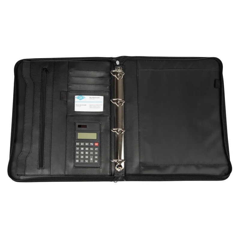 axisgo - WEDO 581101 Collegemappe A4, genarbtes Kunstleder, Reißverschluss, mehrere Fächer, herausnehmbare 4-Ring-Mechanik, Stiftschlaufen, inkl. Solar Taschenrechner, schwarz
