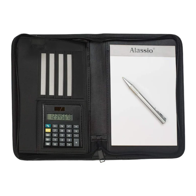 axisgo - Alassio 30144 - Schreibmappe CORNIGLIA im DIN A5 Format, Businessmappe aus Lederimitat, Dokumentenmappe in schwarz, Mappe ca. 24 x 18 x 3,5 cm, mit Taschenrechner