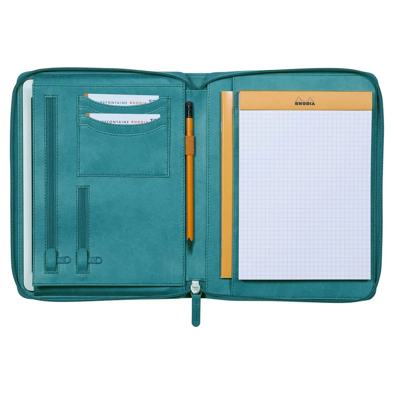 axisgo - Rhodia 168103C - Konferenzmappe Rhodiarama 19,5x25,5 cm, mit Etui, dehnbare Haupttasche, 2 flache Reißverschlusstaschen, Kartenfächer, Stiftehalter, Cover aus Kunstleder Pfaugrün,, 1 Stück