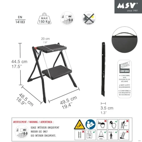 axisgo - MSV - Klapptritt mit 2 Stufen aus Stahl - Tragfähigkeit 150 kg - GS-Sicherheitsnorm - rutschfest und kompakt - Ideal für Zuhause, Küche, Büro und Heimwerken - Schwarz