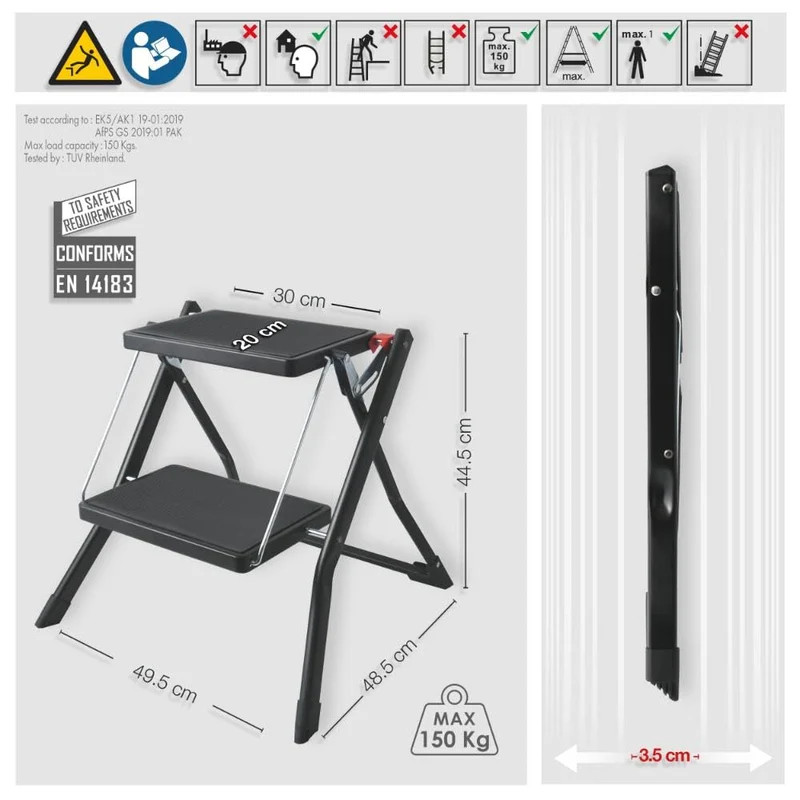 axisgo - MSV - Klapptritt mit 2 Stufen aus Stahl - Tragfähigkeit 150 kg - GS-Sicherheitsnorm - rutschfest und kompakt - Ideal für Zuhause, Küche, Büro und Heimwerken - Schwarz