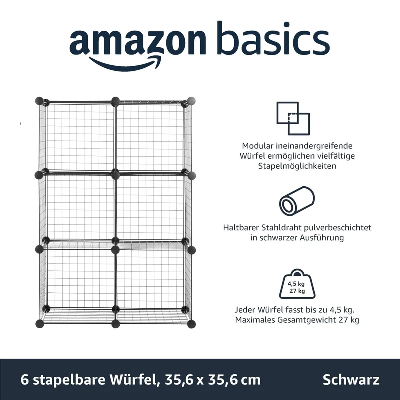 axisgo - Amazon Basics 6 Stück Würfelregal aus Metall - Maximale Tragfähigkeit des Regals 27 kg, Schwarz, 77.0 x 37.0 x 113.0 cm (L x W x H)