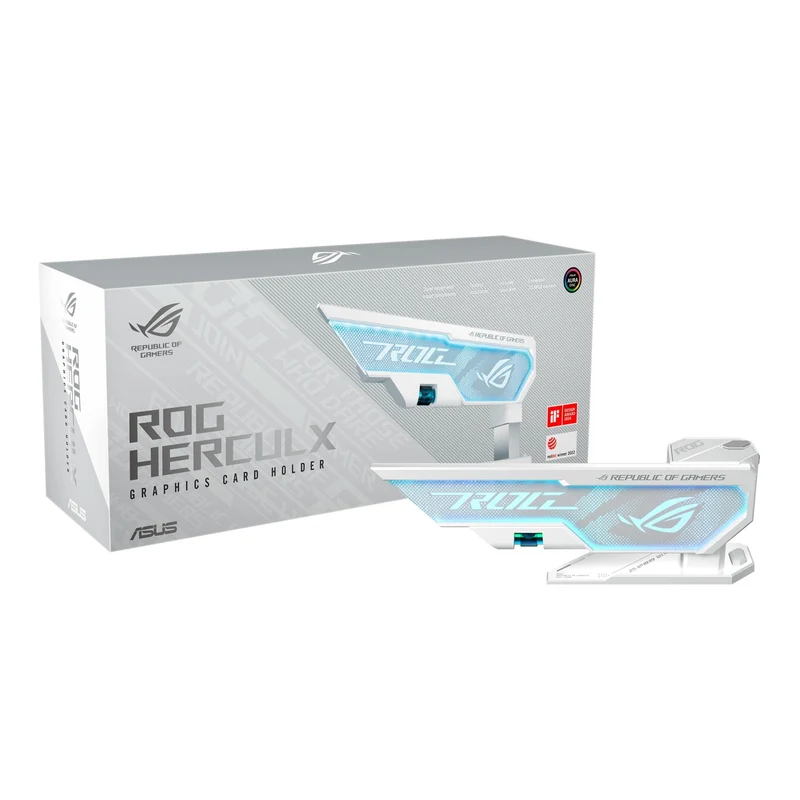 axisgo - ASUS ROG Herculx Grafikkartenhalter White (Stützhöhe 72-128 mm, integriertes 3D-ARGB-Element, Aura Sync, inkl. Wasserwaage, weiß)