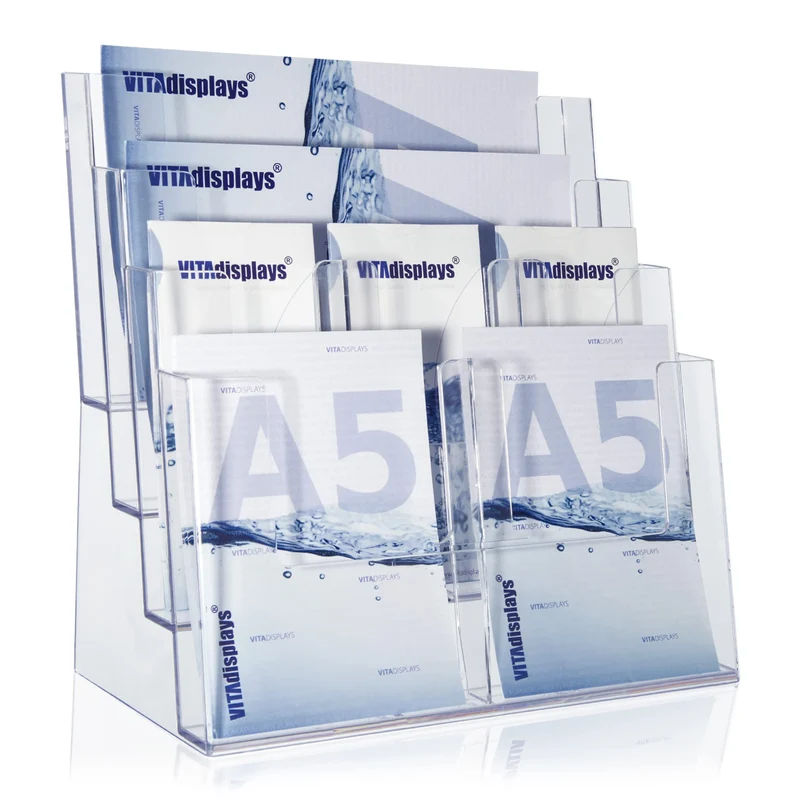 axisgo - Taymar Prospektständer Tribüne für DIN A4, A5, DIN lang, DL, A6 Flyer, flexibler, transparenter Tischprospektständer als standfester Aufsteller, Flyerständer mit 4 Etagen, optional als Wand-Prospekthalter