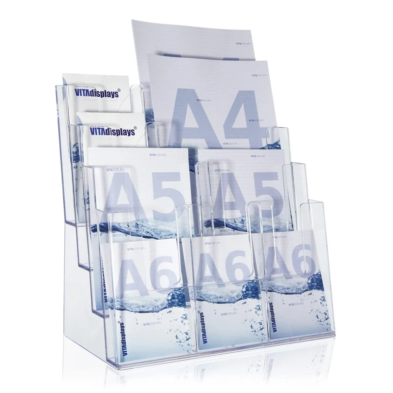 axisgo - Taymar Prospektständer Tribüne für DIN A4, A5, DIN lang, DL, A6 Flyer, flexibler, transparenter Tischprospektständer als standfester Aufsteller, Flyerständer mit 4 Etagen, optional als Wand-Prospekthalter