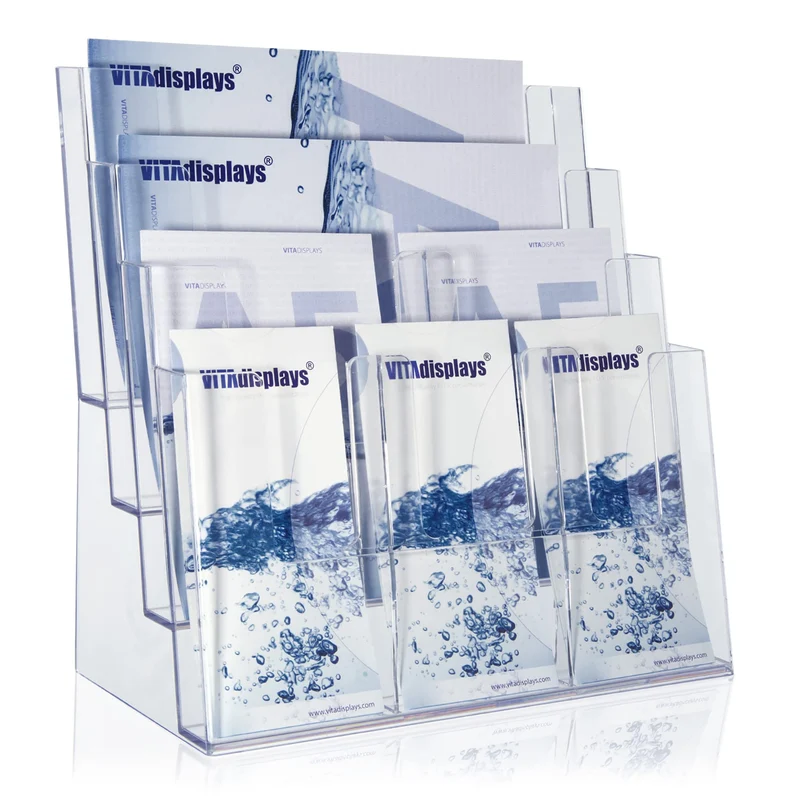 axisgo - Taymar Prospektständer Tribüne für DIN A4, A5, DIN lang, DL, A6 Flyer, flexibler, transparenter Tischprospektständer als standfester Aufsteller, Flyerständer mit 4 Etagen, optional als Wand-Prospekthalter