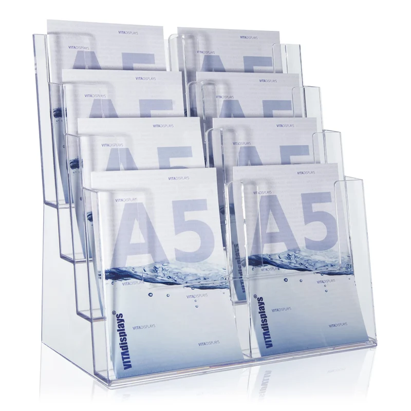axisgo - Taymar Prospektständer Tribüne für DIN A4, A5, DIN lang, DL, A6 Flyer, flexibler, transparenter Tischprospektständer als standfester Aufsteller, Flyerständer mit 4 Etagen, optional als Wand-Prospekthalter
