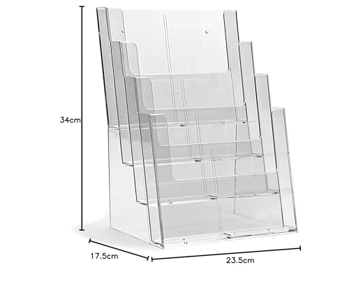 axisgo - taymar 4C230 Tisch-Prospektständer, Prospektaufsteller im DIN A4 Format (4 Fächer) auf 4 Etagen inkl. Fach-Teilern für eine optionale Umrüstung auf DIN Lang (DL) - trifold mit 8 Fächern – Transparent
