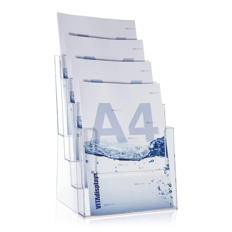 axisgo - taymar 4C230 Tisch-Prospektständer, Prospektaufsteller im DIN A4 Format (4 Fächer) auf 4 Etagen inkl. Fach-Teilern für eine optionale Umrüstung auf DIN Lang (DL) - trifold mit 8 Fächern – Transparent