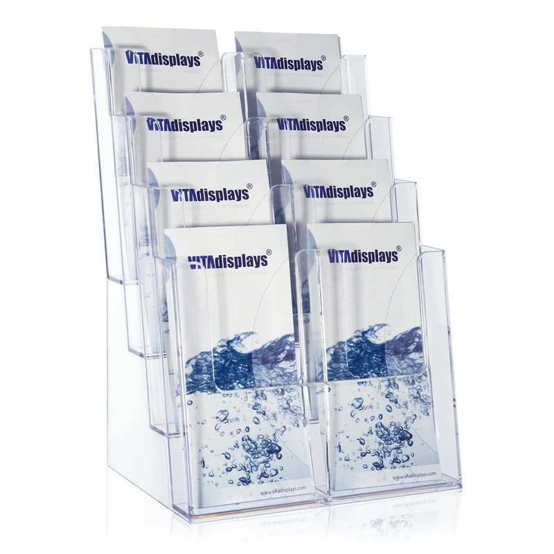 axisgo - taymar 4C230 Tisch-Prospektständer, Prospektaufsteller im DIN A4 Format (4 Fächer) auf 4 Etagen inkl. Fach-Teilern für eine optionale Umrüstung auf DIN Lang (DL) - trifold mit 8 Fächern – Transparent