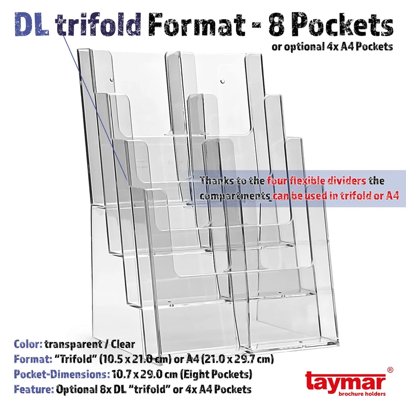 axisgo - taymar 4C230 Tisch-Prospektständer, Prospektaufsteller im DIN A4 Format (4 Fächer) auf 4 Etagen inkl. Fach-Teilern für eine optionale Umrüstung auf DIN Lang (DL) - trifold mit 8 Fächern – Transparent