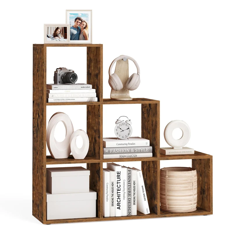 axisgo - VASAGLE Bücherregal, Treppenregal, Trennwand, Aufbewahrungsmöbel, 6 Fächer, für Büro, Wohnzimmer, Schlafzimmer, rustikales Braun LBC63BX