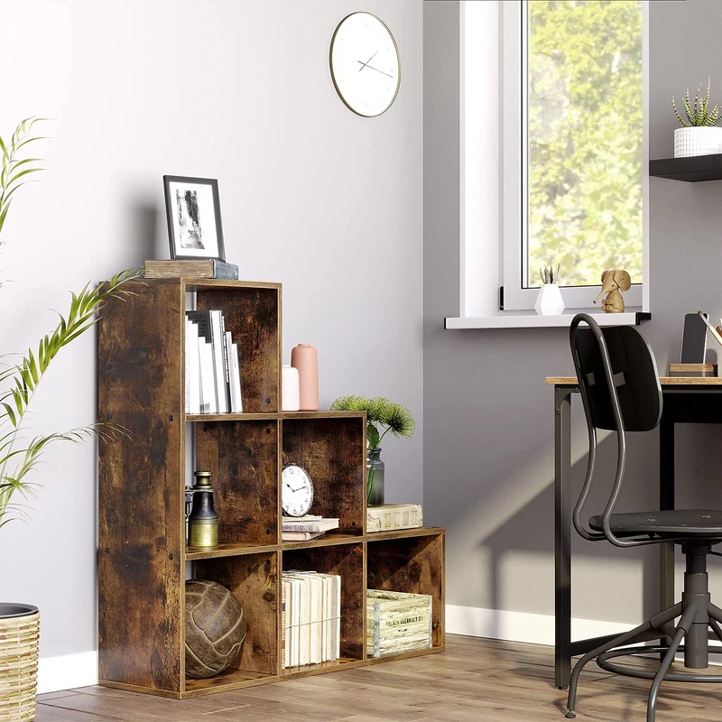 axisgo - VASAGLE Bücherregal, Treppenregal, Trennwand, Aufbewahrungsmöbel, 6 Fächer, für Büro, Wohnzimmer, Schlafzimmer, rustikales Braun LBC63BX