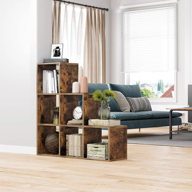 axisgo - VASAGLE Bücherregal, Treppenregal, Trennwand, Aufbewahrungsmöbel, 6 Fächer, für Büro, Wohnzimmer, Schlafzimmer, rustikales Braun LBC63BX
