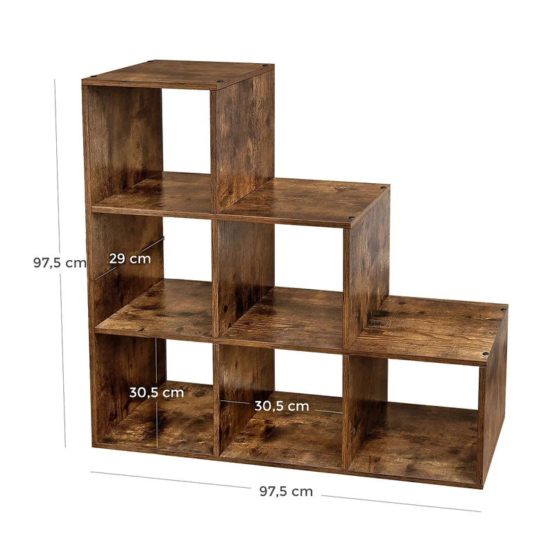 axisgo - VASAGLE Bücherregal, Treppenregal, Trennwand, Aufbewahrungsmöbel, 6 Fächer, für Büro, Wohnzimmer, Schlafzimmer, rustikales Braun LBC63BX
