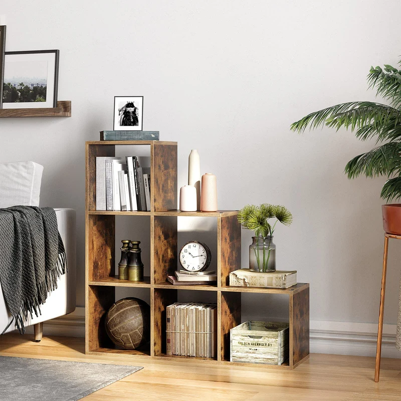 axisgo - VASAGLE Bücherregal, Treppenregal, Trennwand, Aufbewahrungsmöbel, 6 Fächer, für Büro, Wohnzimmer, Schlafzimmer, rustikales Braun LBC63BX
