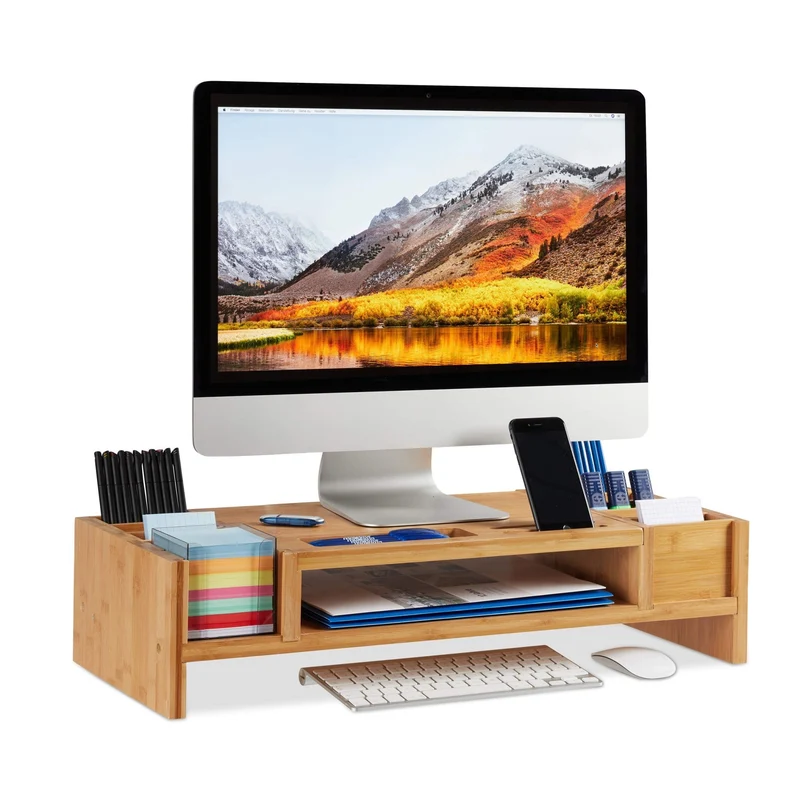 axisgo - Relaxdays Monitorständer, Bildschirmständer aus Bambus, 14 Fächer, ergonomischer Monitorerhöher, HBT 15x65x28 cm, natur, Braun